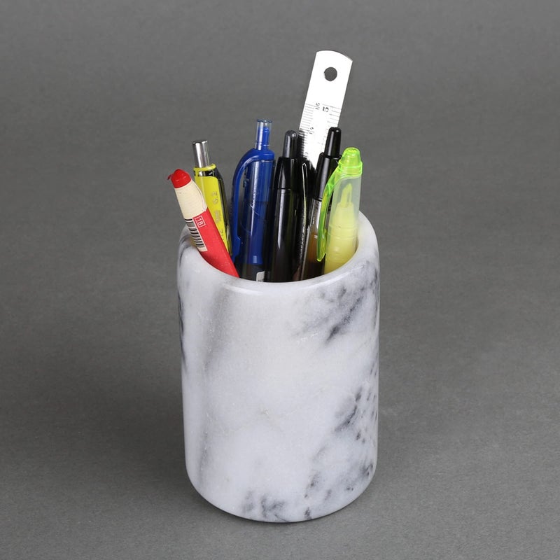 Creative Home Solid Natural Marble Pen Holder â€“ Heavyweight Pencil Cup Organizer for Desk, Vanity, or Bathroom, 3.3" Diameter x 4.5" Height, Off-White with Unique Stone Patterns - Image 5